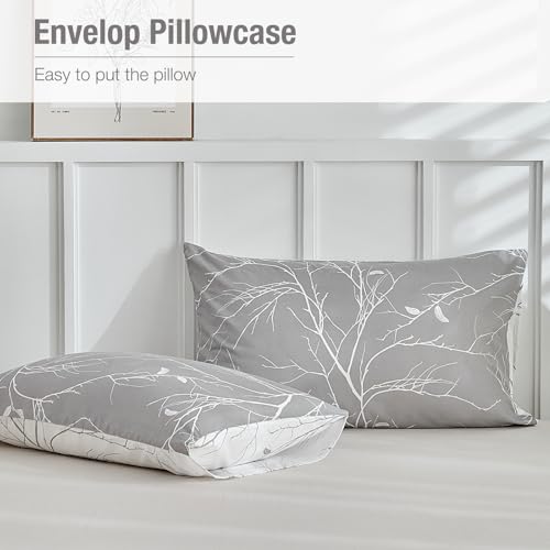 Lekesky Reversible Duvet Cover Queen Size, Grey White Branch Comforter Cover Queen 3pcs Microfiber Botanical Bedding Set with Zipper Closure Corner Ties Lekesky