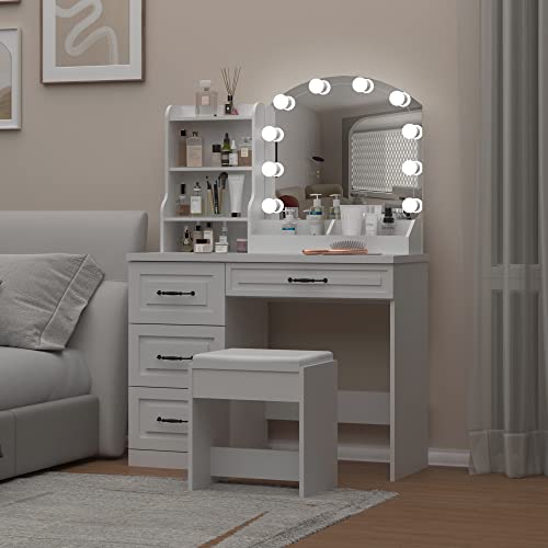 Vabches Makeup Vanity Desk with Lights and 4 Drawers, White Vanity Set Makeup Table Lots Storage, 3 Lighting Colors, Large Size 39.4in(L) Vabches