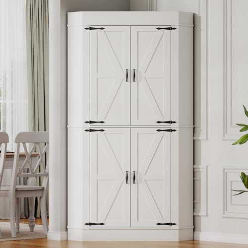 Gyfimoie Corner Cabinet,Kitchen Pantry Storage Cabinet,Freestanding Buffet Hutch with 4 Doors and Shelves,Tall Food Pantry Farmhouse Furniture with Side Rack for Kitchen Dining Room (White) Gyfimoie