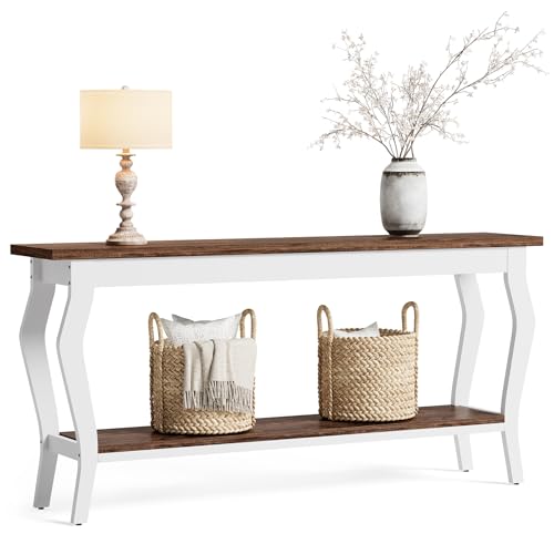 LITTLE TREE 70.9 Inches Long Console Table, 2-Tier Vintage Wooden Sofa Table Behind The Couch with Metal Legs for Hallway, Entryway, Living Room, Brown & White LITTLE TREE