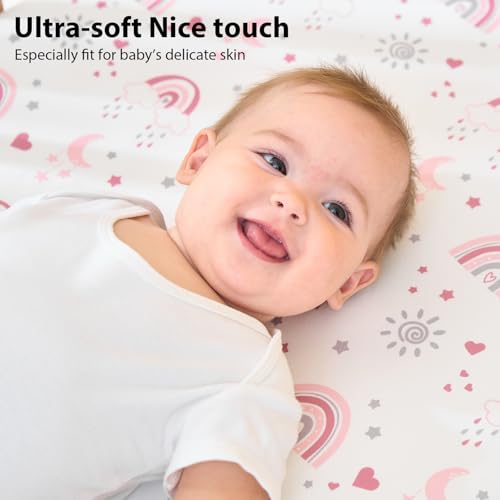 FIEMOL Baby Crib Sheets Girl, 3 Pack Toddler Bed Sheets Fitted for 52”x28” Standard Crib and Toddler Mattresses, Super Soft Microfiber Pink Rainbow FIEMOL