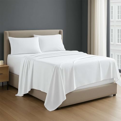 4 Piece Premium Sheet Set Cotton Full, 100% Egyptian Cotton, 12 Inch Deep Pocket of Cotton Sheets, White Solid NON Sticky cotton
