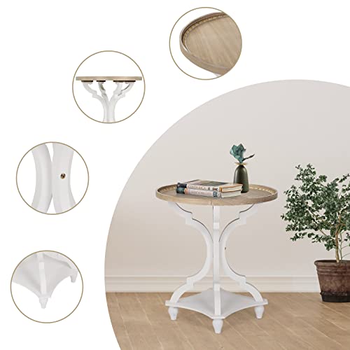 Wnutrees Farmhouse Round Accent End Table, Rustic Side Table Nightstands for Living Room Bedroom, Wood Tray Top, Handcrafted Finish, Set of 2, White Wnutrees