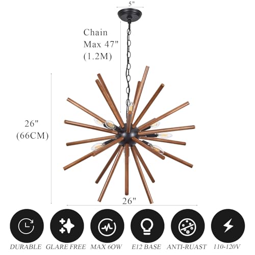 SHENGQINGTOP 9-Light Sputnik Chandeliers 26" Black Farmhouse Wood Pendant Lighting Industrial Globe Ceiling Hanging Light Fixture for Kitchen Dinging Room Living Room Bedroom Entryway Foyer SHENGQINGTOP