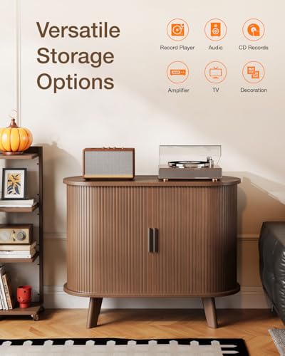 XHSSF Record Player Stand, Midcentury Modern Furniture Turntable Stand with Sliding Doors, Audio-Video Shelving Cabinet, Fluted Media Stand and TV Stand for Living Room, Bedroom (Walnut) (Medium) XHSSF