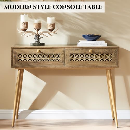 Mid Century Modern Console Table with Drawers, Narrow Sofa Table for Living Room, Entryway and Bedroom, Boho Style, Rustic Oak KACVON