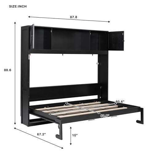 SOFTSEA Queen Size Horizontal Murphy Bed with Shelves, Hidden Wall Bed Frame with Storage Cabinets, Space Saving Foldable Murphy Bed for Small Spaces, Guest Room, Bedroom, Office, Black SOFTSEA