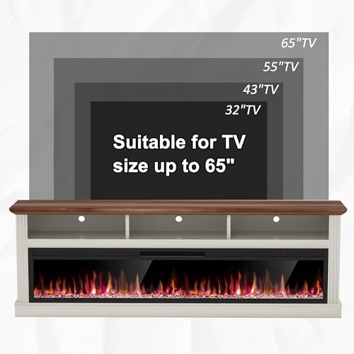 Spurgehom 58" Fireplace TV Stand for TVs Up to 65" with 52" Electric Fireplace,White Entertainment Center,Led Light TV Consoles for Living Room,Farmhouse Media Console Table Spurgehom