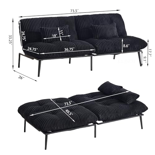 Tocsuna Corduroy Convertible Futon Sofa Bed – Folding Iron Frame Sleeper Couch with Adjustable Backrest, Loveseat Recliner for Living Room, Apartment,(Black) Tocsuna