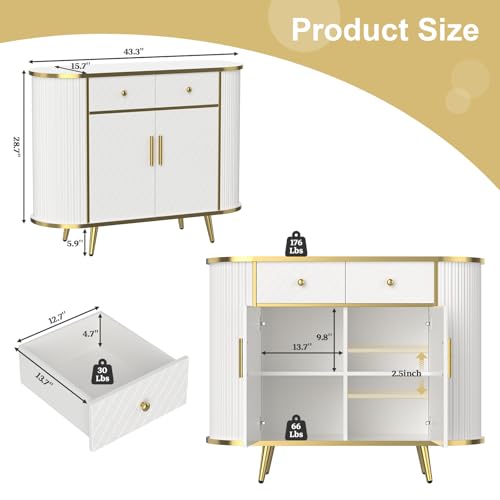 LUMIINOFAMI Sideboard Buffet Cabinet with Storage, 43.3'' Modern Coffee Bar Entryway Cabinet with Drawers, Console Table with Storage Gold Sealed Edge Luxury Style for Living Room, Hallway (White) LUMIINOFAMI