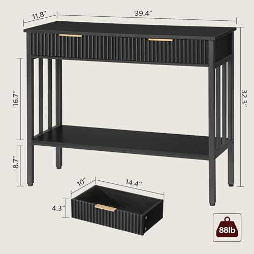 MAHANCRIS Console Table, Narrow Long Entry Table with Storage Shelf, 2-Tier Fluted Entryway Table with 2 Drawers, for Entryway, Living Room, Foyer, Hallway, Office, Black CTHB5101 MAHANCRIS