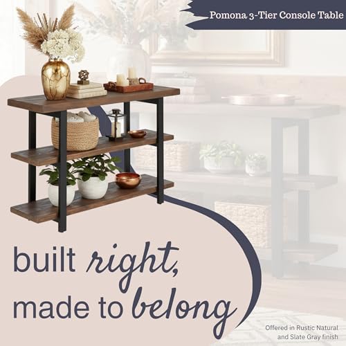 Alaterre Furniture Pomona Living Room Collection – 3-Tier Solid Wood Media Console Table with 2 Open Shelves and Metal Legs - Rustic Industrial Farmhouse TV Stand and Storage Console (Rustic Brown) Alaterre Furniture