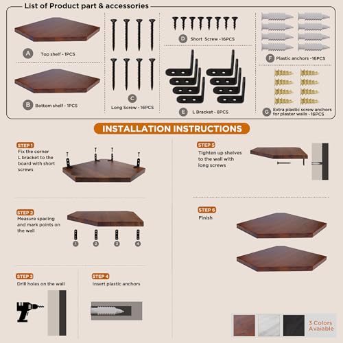 Demigo Corner Shelf Wall Mount, Set of 2 Solid Acacia Wood 10.3 x 16.5 inches Floating Corner Shelves, Smooth - Durable - Attractive Corner Shelves for Bedroom Living Room Bathroom Kitchen Demigo