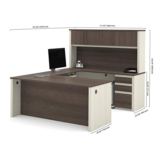 Bestar Prestige + 72W U-Shaped Executive Desk with 2 Pedestals and Hutch in White Chocolate & Antigua Bestar