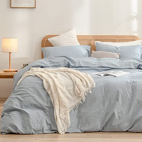 BESTOUCH Duvet Cover Set 100% Washed Cotton Linen Feel Super Soft Comfortable Chic Lightweight 3 PCs Home Bedding Set Cornflower Blue Queen BESTOUCH