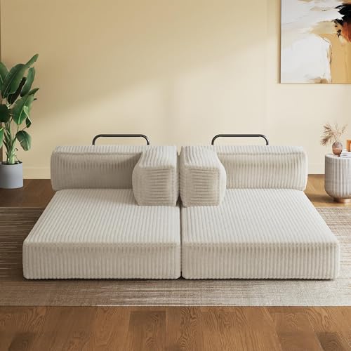 WLIVE 71'' Futon Sofa Bed, Convertible Sleeper Sofa, Folding Pull Out Couch Boneless Mattress with Fixed Frame, Corduroy, with Storage Pocket, Beige WLIVE