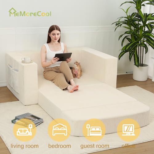 MeMoreCool Convertible Sofa Bed – Small Beige Corduroy Loveseat Sleeper, Boneless Fold-Out Cloud Couch with Foam, Trifold Floor Futon with Washable Cover for Bedroom, Apartment, Guest Room MeMoreCool