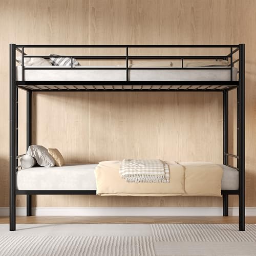 VECELO Bunk Bed Twin Over Twin, Metal Bunkbeds with Ladder and Full-Length Guardrail, No Box Spring Needed, Space Saving, Noise Free, Black VECELO
