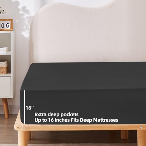 HBHLFZ Full Fitted Sheet Only, Soft Breathable Bottom Sheet - 54"x75" Deep Pockets Full Size Fitted Sheet - All Around Stretch Fit, Wrinkle Resistant, Colorfast - Easy Care, Black HBHLFZ