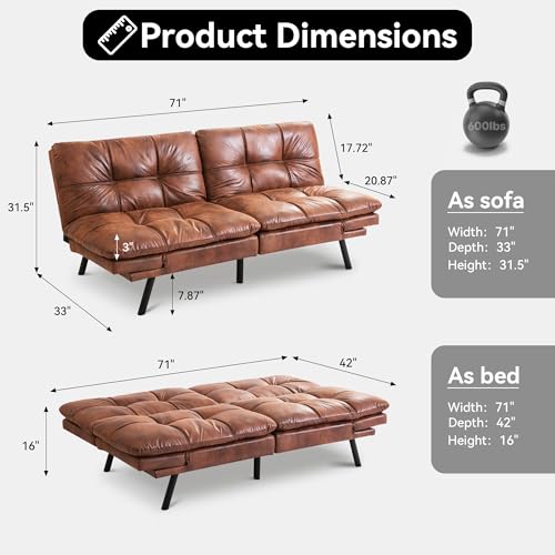 Vyfipt 71" Convertible Futon Sofa Bed,3-in-1 Faux Leather Fabric Futon Couch with Memory Foam, Modern Foldable Sleeper Loveseat for Small Spaces, Living Room,Office & Apartment,Brown Vyfipt