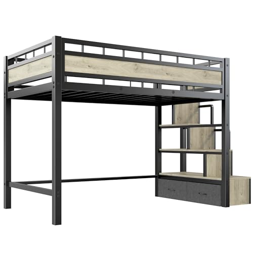 SogesSleep Loft Bed Twin Size with Stairs, More Sturdy Metal Loft Bed with Built-in Storage Stairs and Large Under-Bed Space, Used for Teens, Space Saving for Apartment or Dorm, No Box Spring, Black SogesSleep