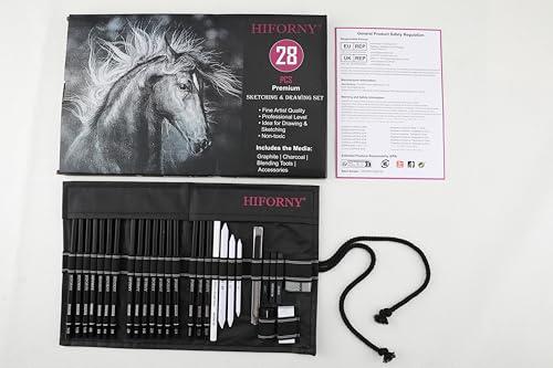 HIFORNY 28 PCS Sketching Drawing Pencil Set,Sketch Pencils Art Supplies with Graphite,Charcoal,Blending Tools,Accessories,Drawing Kit for Adults Artists in Canvas Roll Up Case HIFORNY