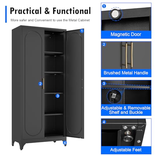 Polup Pantry Cabinet, 75 Inch Tall Kitchen Storage Cabinet, Metal Pantry Cabinets with Doors and Adjustable Shelves, Black Freestanding Food Cupboard for Living, Dinning Room-Assembly Required Polup