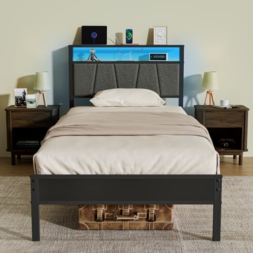 Z-hom Storage Headboard with Charging Station Twin Bed Frame, LED Bed with Upholstered Headboard and Footboard, Metal Platform Bed with 2-Tier Shelves, Easy Assembly, No Box Spring Needed, Noise Free Z-hom