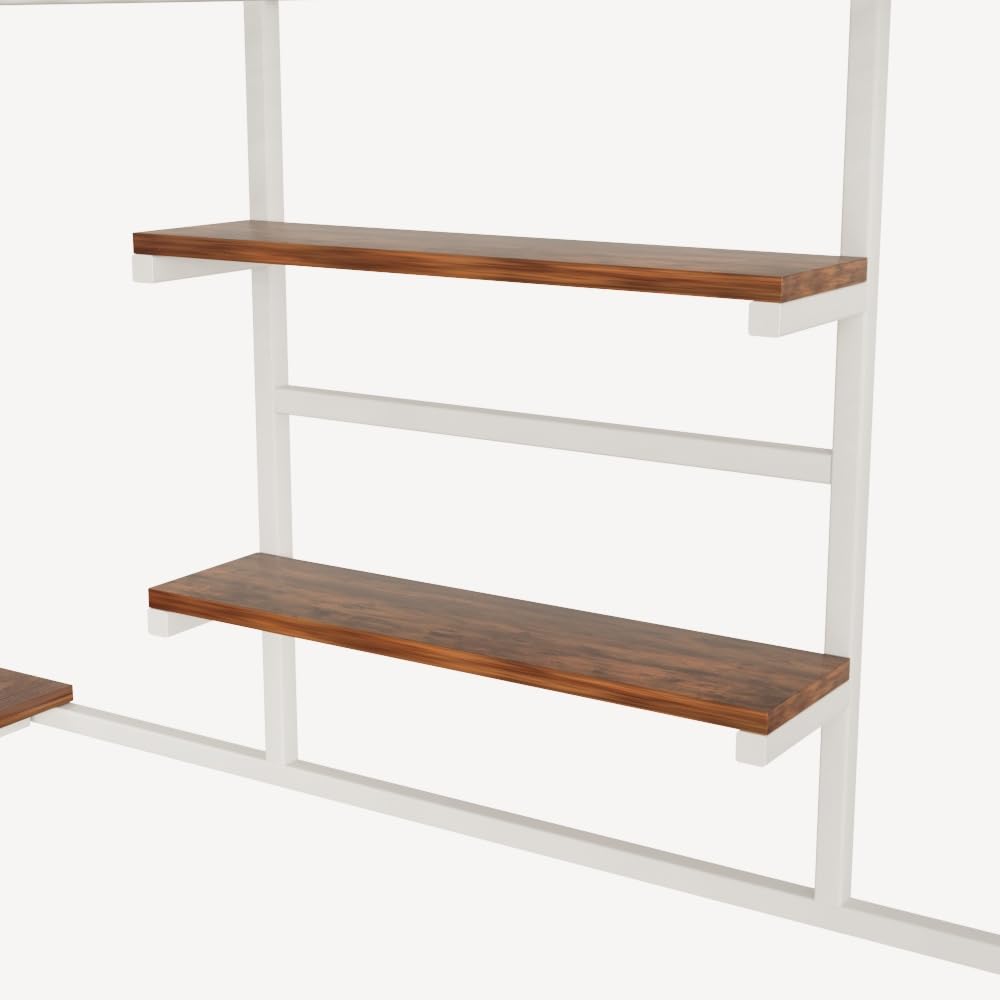 KEIKI Full Sized Loft Metal Bed with Desk and Stairs, Metal Loft Bed Frame, Heavy-Duty High Loft Beds with Built-in Charging Station and Lighting for Bedroom, Dormitory KEIKI