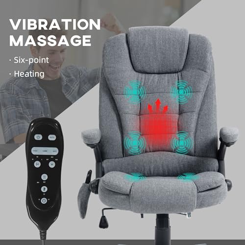 Vinsetto 6 Point Vibrating Massage Office Chair with Heat, Linen High Back Executive Office Chair with Reclining Backrest, Padded Armrests and Remote, Gray HOMCOM