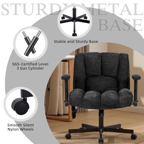 Criss Cross Legged Office Chair with Flip-Up Arms and Wheels, Wide Seat Desk Chair with Built-In Dynamic Airbag Lumbar Support, Modern Cross-Leg Chair for Home Office, Apartment, Vanity, Black Kassipo