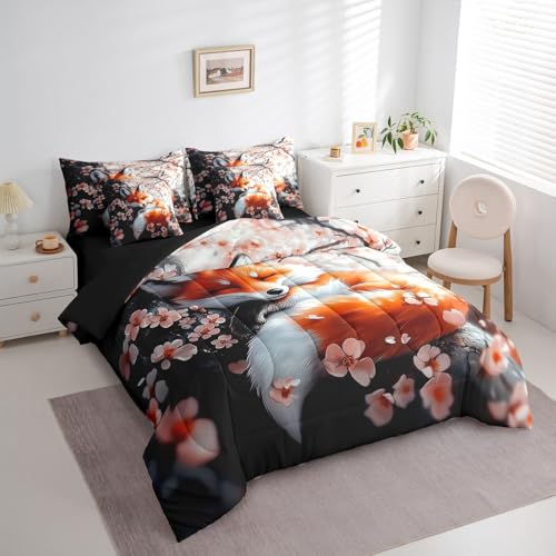 Feelyou Fox Comforter Set with Sheets Queen Size Kids Japanese Cherry Blossoms 7 Pieces Bedding Set for Boys Girls Teens Cute Cartoon Fox Bed in a Bag Woodland Fox Bed Set Nature Wildlife Feelyou