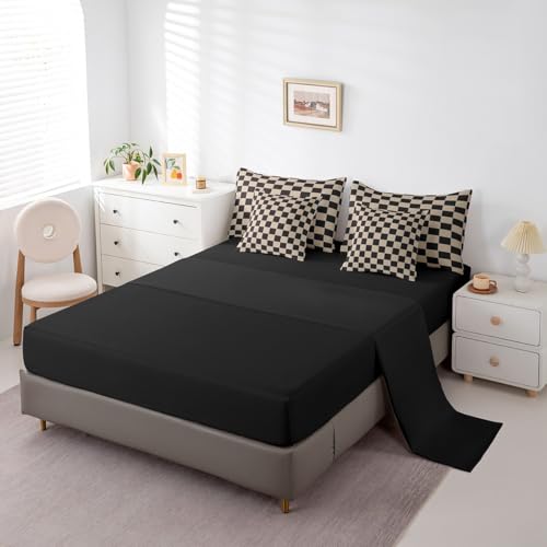 Erosebridal Geometric Plaid Twin Comforter Set 7 Piece Beige Black Brown Checkerboard Bed in A Bag with Sheets Checkered Grid Bedding Set for Kids Boys Men,Modern Aesthetic Bed Set Erosebridal