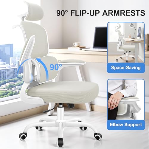 ALLGOD Ergonomic Office Chair, Mesh Desk Chair with Lumbar Support, High Back Home Office Chair with Adjustable Headrest and Flip-Up Arms, Comfortable Computer Chair, Thick Cushion, 300 LBS, White ALLGOD