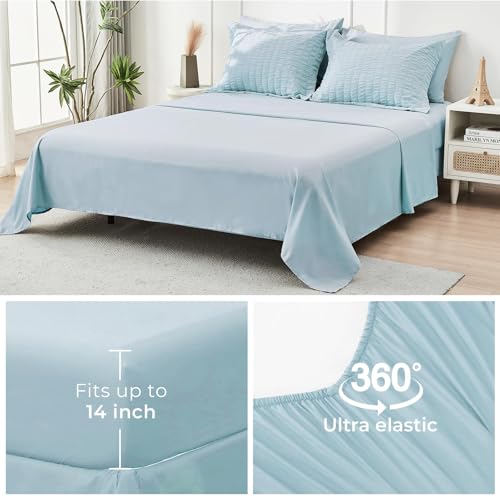 HYMOKEGE Lake Blue Queen Comforter Set Seersucker 7 Pieces, All Season Luxury Bed in a Bag for Bedroom, Bedding Set with Comforters, Sheets, Pillowcases & Shams HYMOKEGE