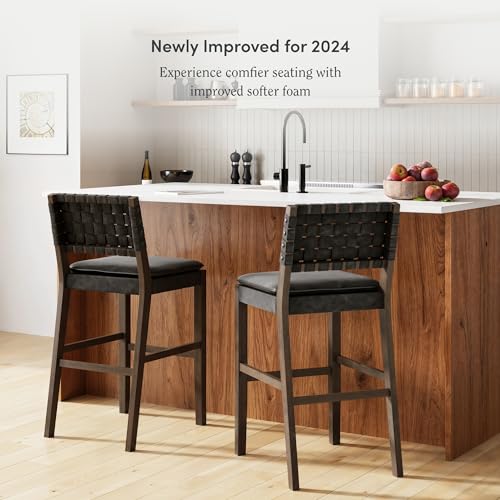 Nathan James Cohen Mid-Century Modern 29 in. Wood Bar Stool, Upholstered Faux Leather Bar Height Stool with Solid Wood Frame, Black Nathan James