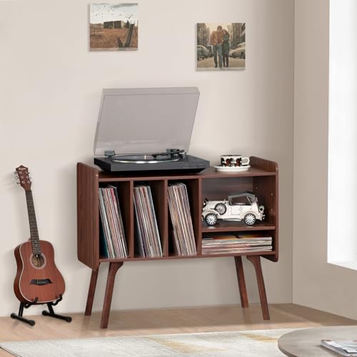 Lerliuo Record Player Stand with 4 Cabinet Holds Up to 220 Albums, Large Turntable Stand with Beech Wood Legs, Mid-Century Record Player Table,Walnut Vinyl Holder Storage Shelf for Bedroom Living Room Lerliuo