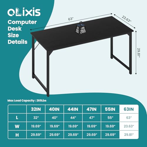 OLIXIS Computer Office Desk, 63 Inch Writing Work Study PC Wood Modern Desk with Storage Bag & Headphone Hook Simple Bedroom for 2 Person Kids Student Table, Black OLIXIS