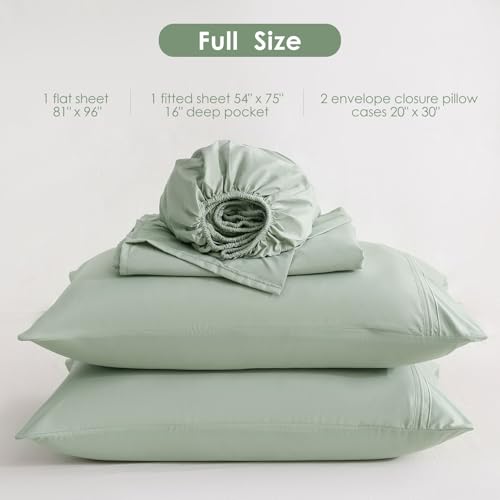 JSD Sage Green Full Sheet Set with Side Pocket Corner Straps, 4 Piece Soft Microfiber Bed Sheets Extra Deep Pocket JSD