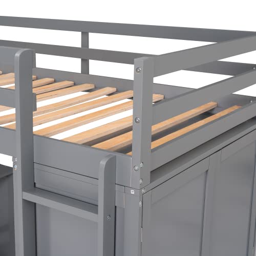 Harper & Bright Designs Twin Size Loft Bed with Desk and Storage Drawers, Wooden Kids Loft Bed Frame with Wardrobe, Grey Harper & Bright Designs