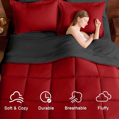 FUANNA Queen Comforter Set 7 Pieces, Reversible Queen Size Bed in a Bag with All Season Premium Comforter, Bedding Sets Includes Comforter, Flat Sheet, Fitted Sheet, Pillowcases & Shams, Red & Black FUANNA