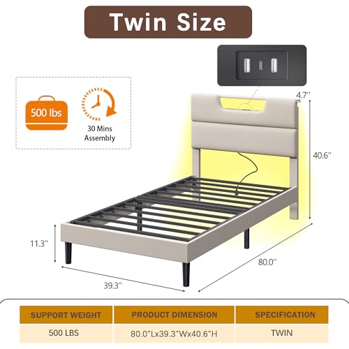 OURPIC Twin Bed Frames for Kids, Twin Size Bed Frames with Upholstered Headboard, Modern Platform Bed with Charging Station and Led Lights, Sturdy Wooden Slats OURPIC
