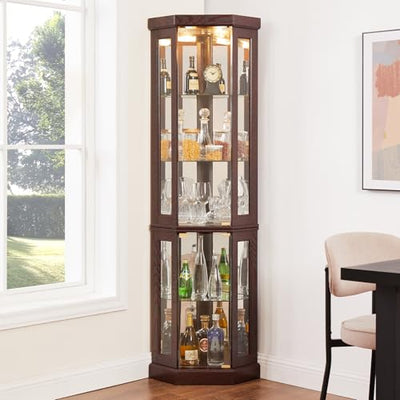 BAOMKONG Tall Corner Cabinet with Glass Doors, Lighted Glass Display Curio Cabinet with Adjustable Shelves, Home Office Floor Standing Display Cabinet for Bar, Liquor Storage and Medal, Dark Cherry