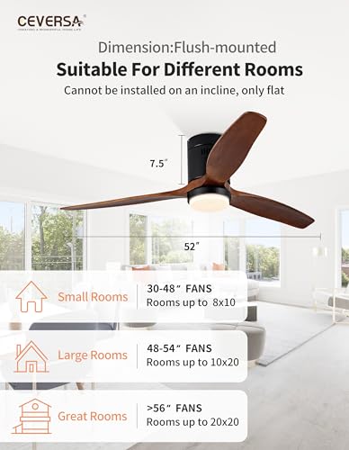 Ceversa 52 Inch Solid Wood Low Profile Ceiling Fan with Light and Remote Control,3 Blades Flush Mount Ceiling Fan Walnut Craftmade Easy Installation for Living Room Bedroom Farmhouse Indoor Ceversa