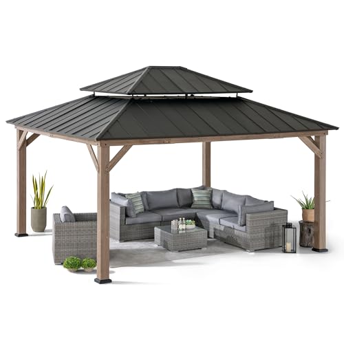 Sunjoy 13 x 15 ft. Wood Gazebo, Outdoor Patio Steel Hardtop Gazebo, Cedar Framed Wooden Gazebo with 2-Tier Metal Roof, Suitable for Patios, Lawn and Backyard, Dark Brown Roof + Dark Wood Frame Sunjoy