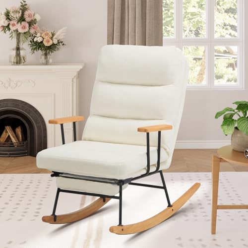 Rocking Chair with Footrest-Glider Rocker Chair with Retractable Footrest and Adjustable Backrest, Teddy Upholstered Rocking Chair, Modern Accent Chair for Living Room/Nursery/Bedroom/Outdoor-Beige COLAMY