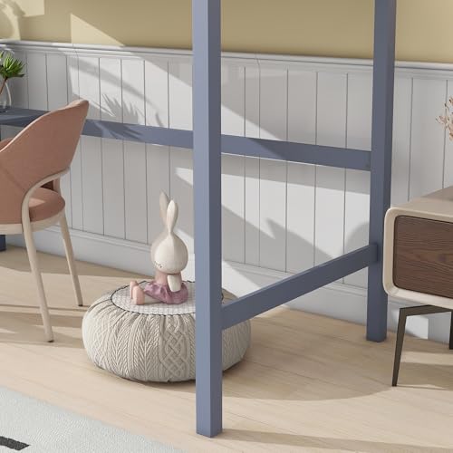 KEIKI Twin High Loft Bed, Rubber Wood Loft Bed with Safety Guardrail, Built-in Desk, Ladder,Grey KEIKI