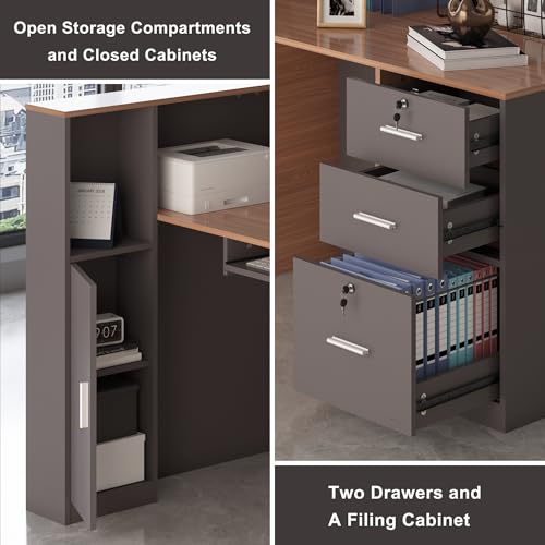 Zethvax L-Shaped Reception Desk,Large Front Desk with Keyboard Tray, Lockable Drawers & File Cabinet, Receptionist Desk for Checkout,Lobby (Right L-Walnut/Slate Gray, 71''L x 23.6''W x 41.3''H) Zethvax