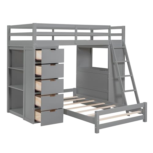 Merax Twin Multifunction Bunk Bed with Desk/Storage Drawers, Wood Bunk Bed with LED Light and USB Ports for Boys, Girls, No Box Spring Needed Gray Merax