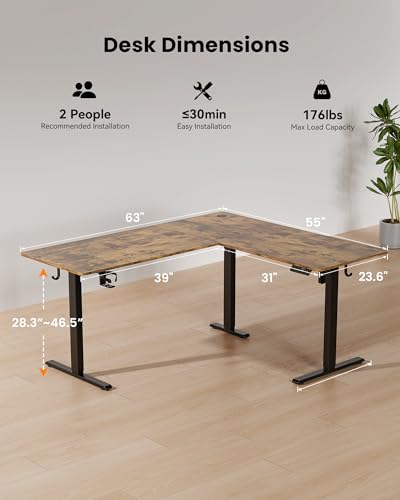 YORIWELL 63 Inches Reversible L Shaped Standing Desk for Home Office, Electric Height Adjustable Corner Computer Desk, Sit Stand up Table with Cup Holder, Ergonomic Gaming Desk, Rustic Brown YORIWELL